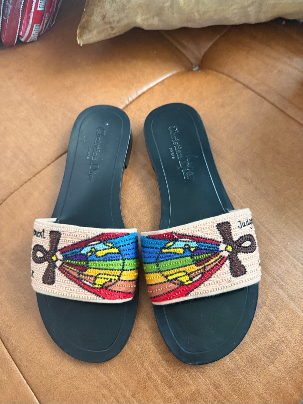 Dior Black Slides with Rainbow Beaded Straps on Beige Band
